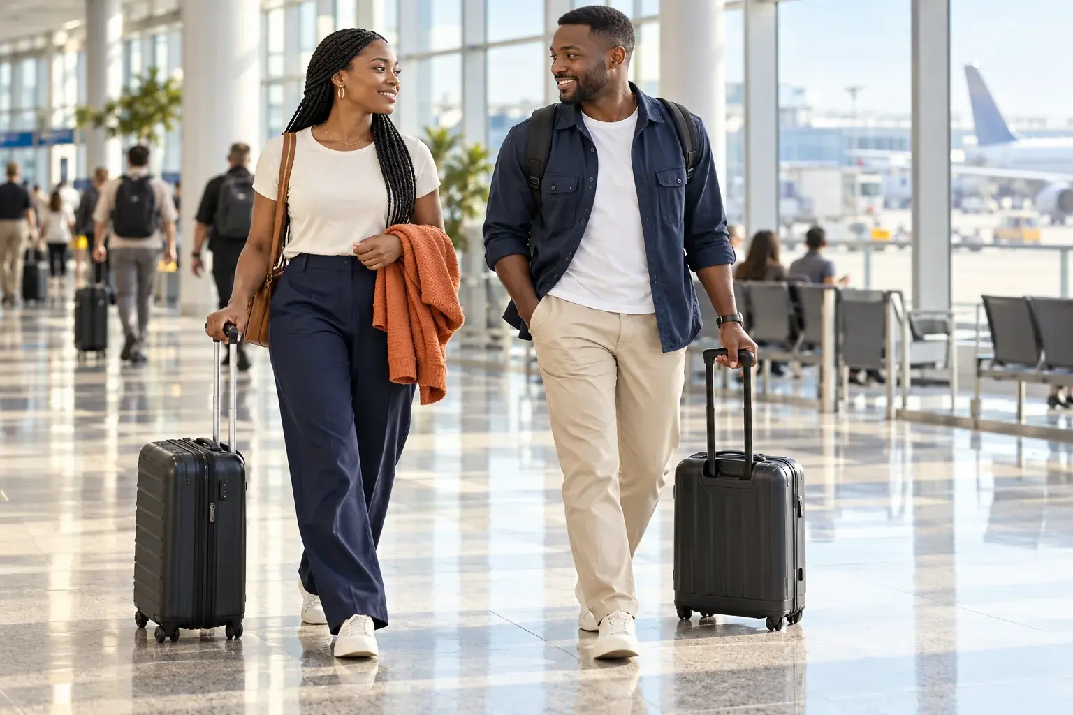 Deux voyageurs en tenue confortable dans un aéroport